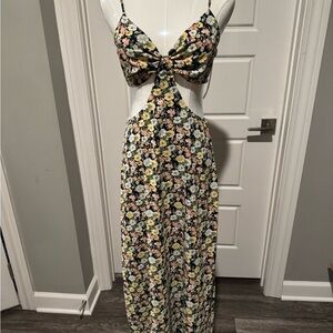 Lulu's Navy Floral Maxi Dress with light blue, yellow & pink flowers
